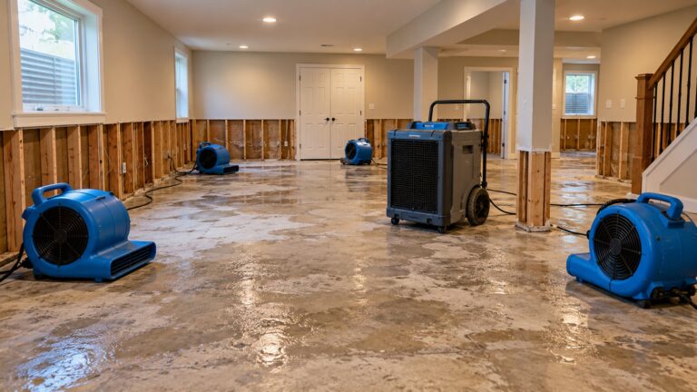 Commercial air movers and a dehumidifier drying a basement after water damage, with the bottom of the drywall cut away.