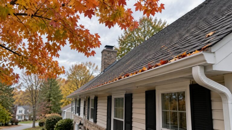 Autumn maple leaves beginning to collect in the gutter of a two-story suburban colonial home in the Philadelphia area.