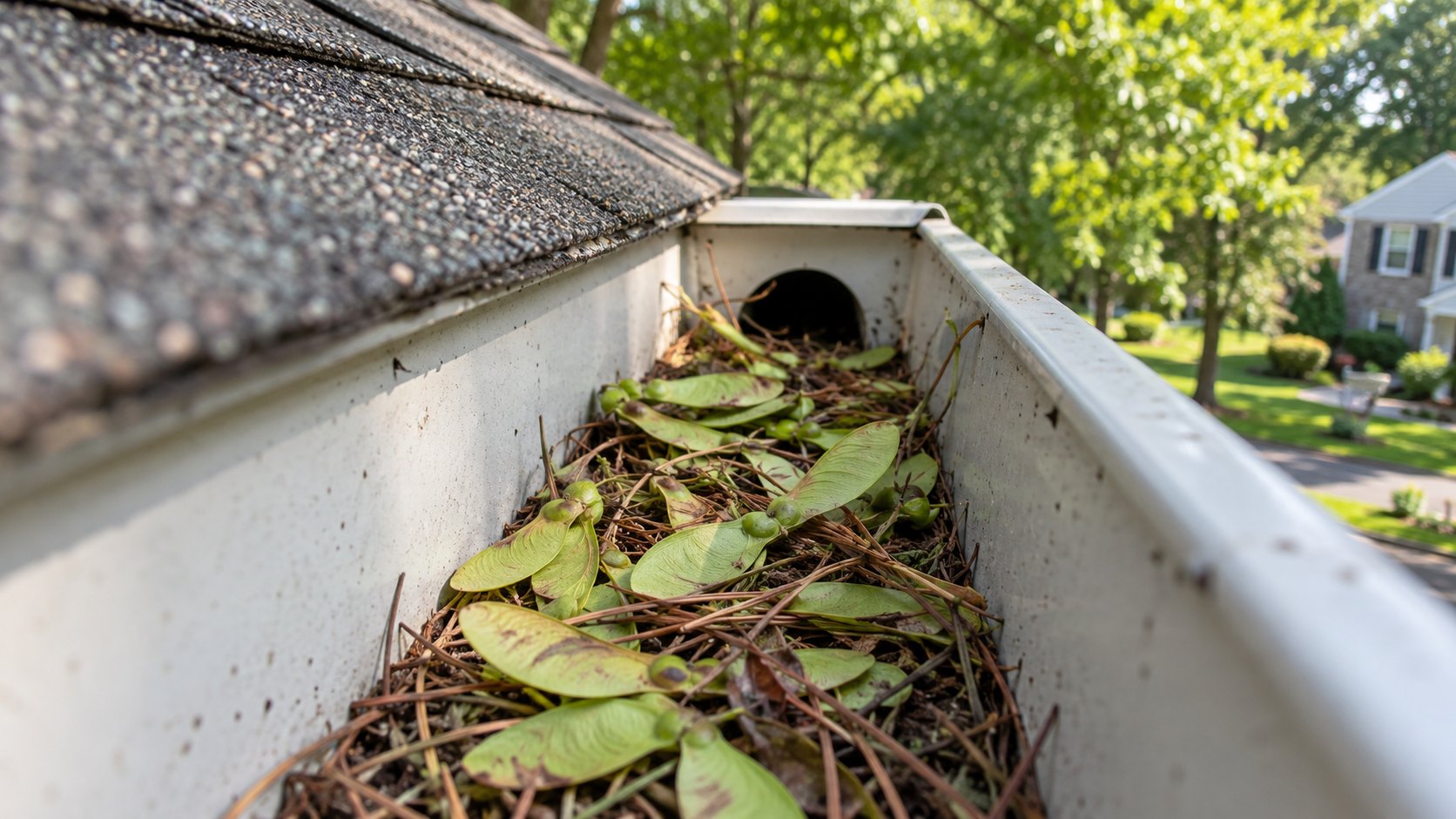 Close-up of a white gutter packed with maple helicopter seeds and pine needles near the downspout opening.