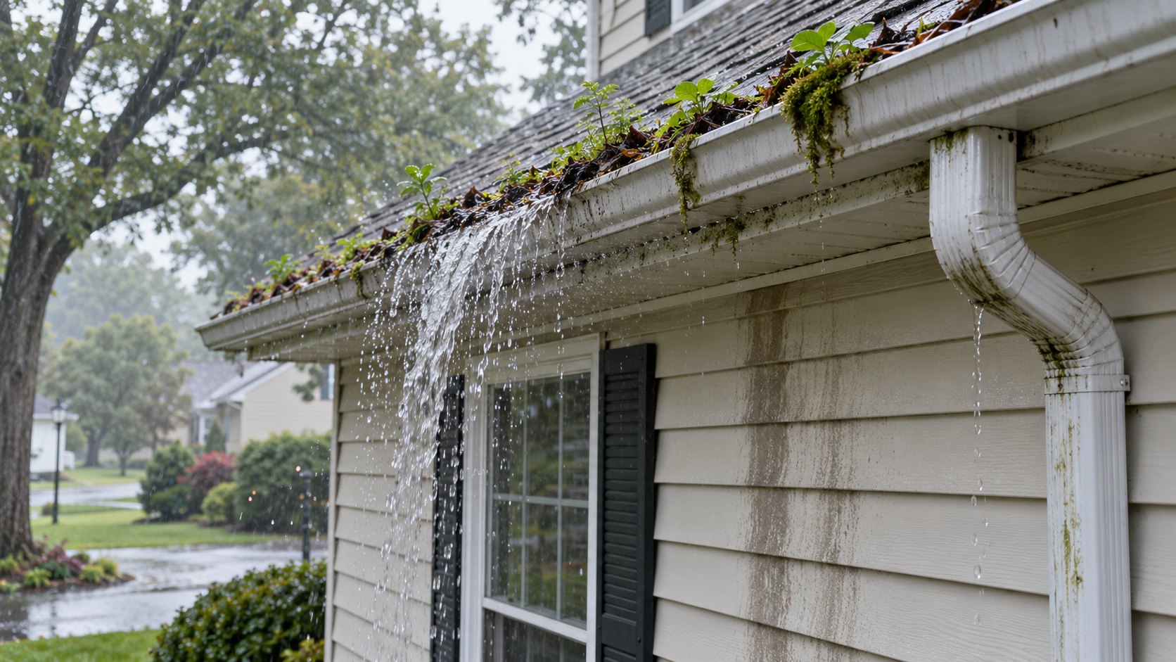 Rainwater spilling over a clogged gutter with seedlings and moss growing in it and a streak on the siding below.