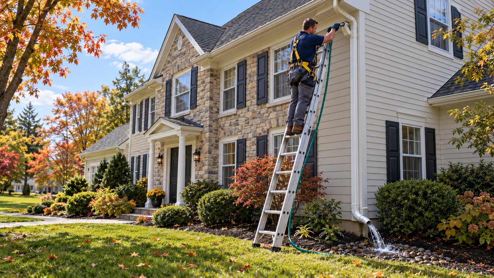 Gutter technician in a safety harness on a ladder flushing a downspout with a hose on a suburban colonial home.