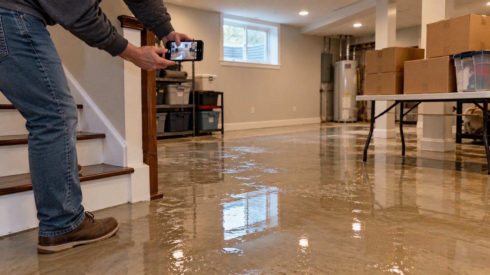 Homeowner on the basement stairs photographing standing water for insurance, with boxes moved onto a table.