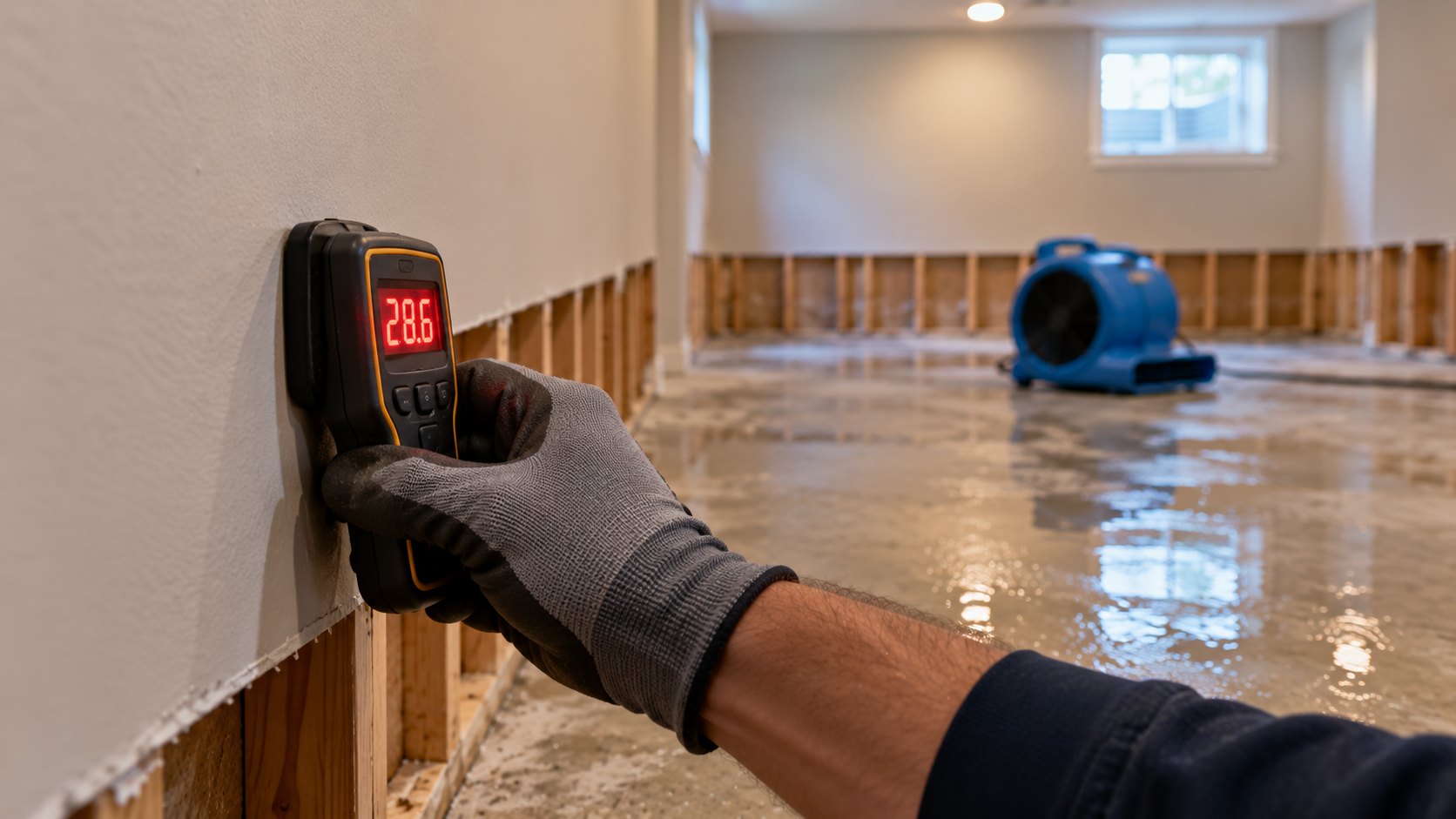 Gloved hand holding a moisture meter showing a high reading on basement drywall that looks dry on the surface.