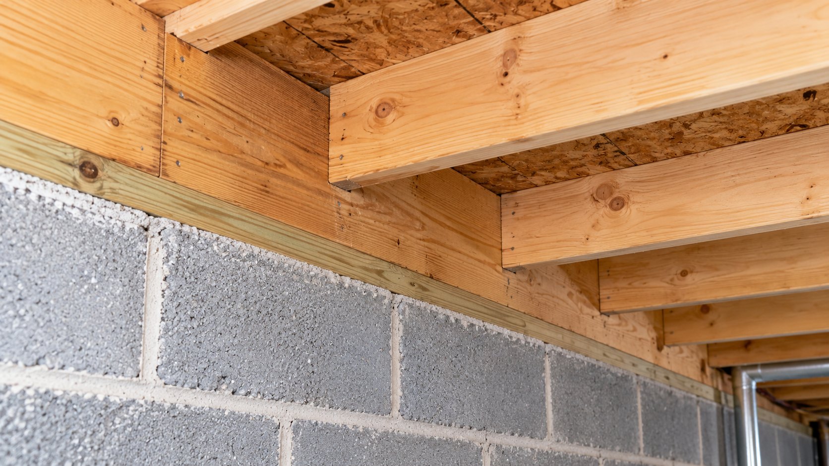 Unfinished basement showing the rim joist capping the ends of the floor joists on top of a concrete block foundation wall.