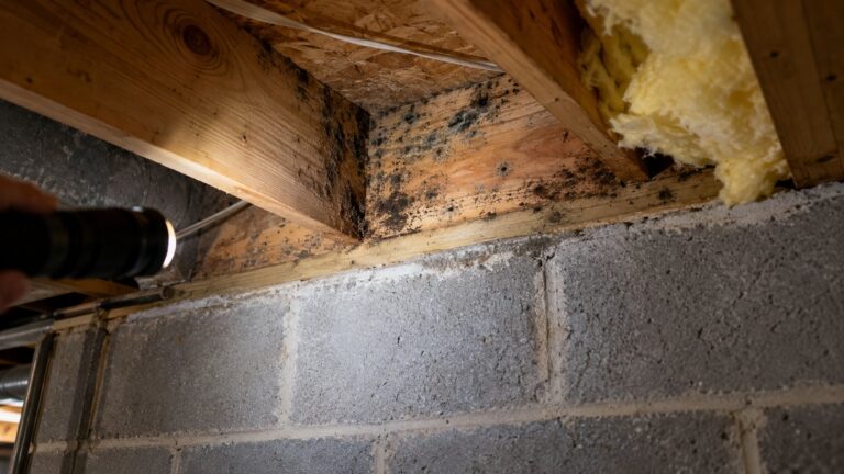 Flashlight shining on black mold spots on a basement rim joist above a concrete block foundation wall, with fiberglass insulation pulled back.