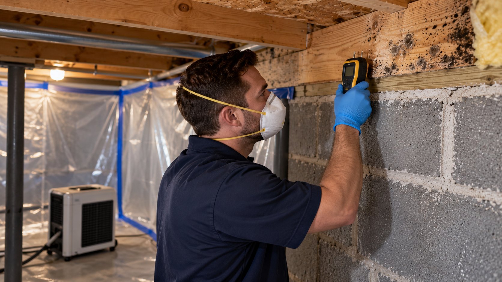 Mold remediation technician in a mask and gloves checking a rim joist with a moisture meter, with plastic containment behind him.