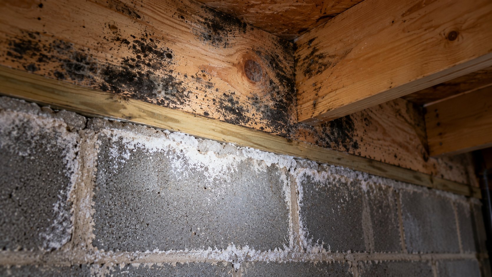 Dark mold spots on a wood rim joist above white mineral efflorescence along the mortar joints of a block foundation wall.