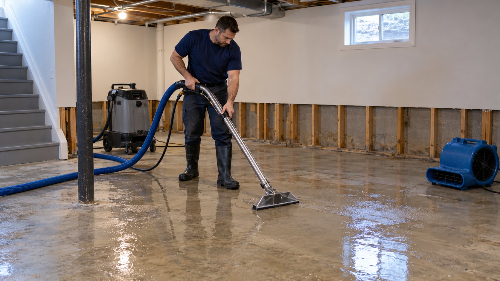 Water damage technician using a commercial extraction wand to remove standing water from a cleared-out basement floor.